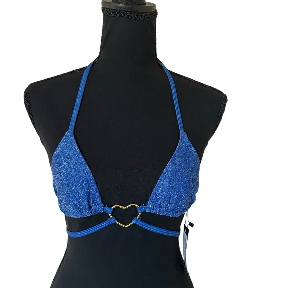 PrettyLittleThing Blue Heart Trim Glitter Bikini Top US Size 0 - NWT